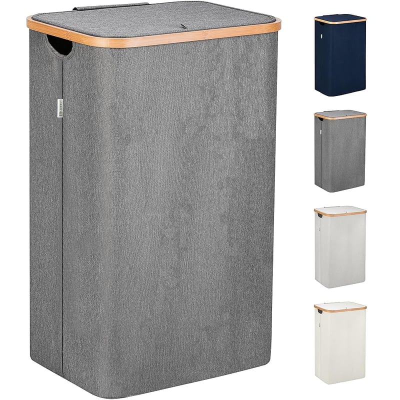 LONBET 100L Laundry Basket with Lid and Sturdy Bamboo Frame - Aesthetic Laundry Hamper with Side Handles and Breathable Fabric, Removable Bag, Grey