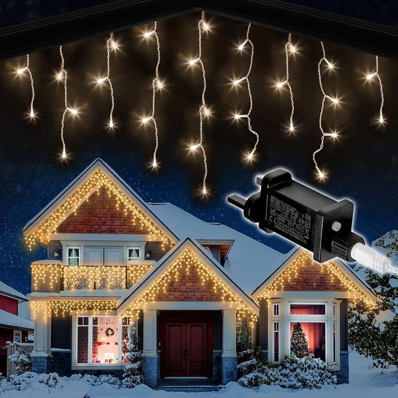 NETTA Icicle Lights Outdoor Christmas 480 LED 15m Lit Length, Warm White Icicle Fairy House Lights with Memory, 8 Hours On Timer, 8 Lighting Modes, Mains Powered