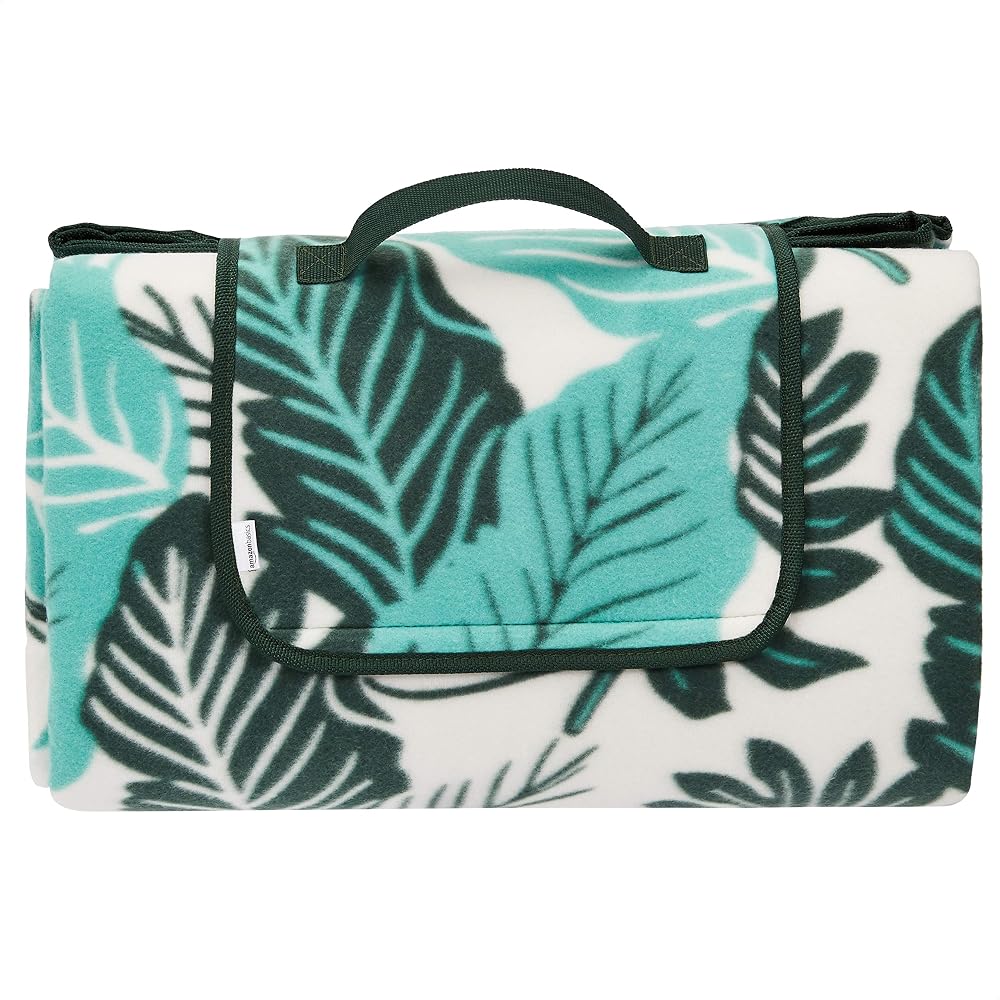 Amazon Basics Picnic Blanket with Waterproof Backing, Multi-Coloured Leaf Design