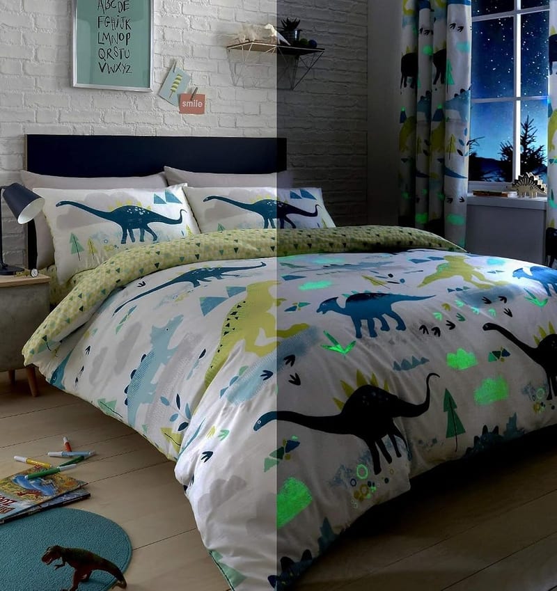 Bedlam - Glow in the Dark Dinosaur Duvet Cover - Single Bedding Size (200 x 140cm) - Reversible Designs - Dinosaur Bedding for Kids