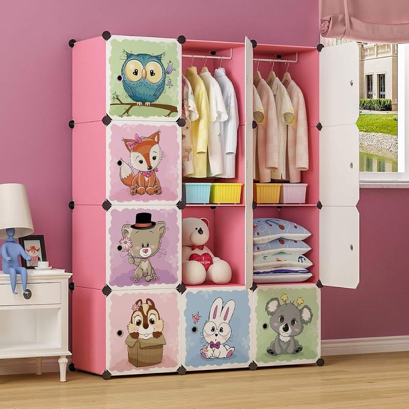 BRIAN & DANY Cartoon Clothes Closet Wardrobe, Foldable Kids Storage Cabinet with Hanging Rod and Shelves