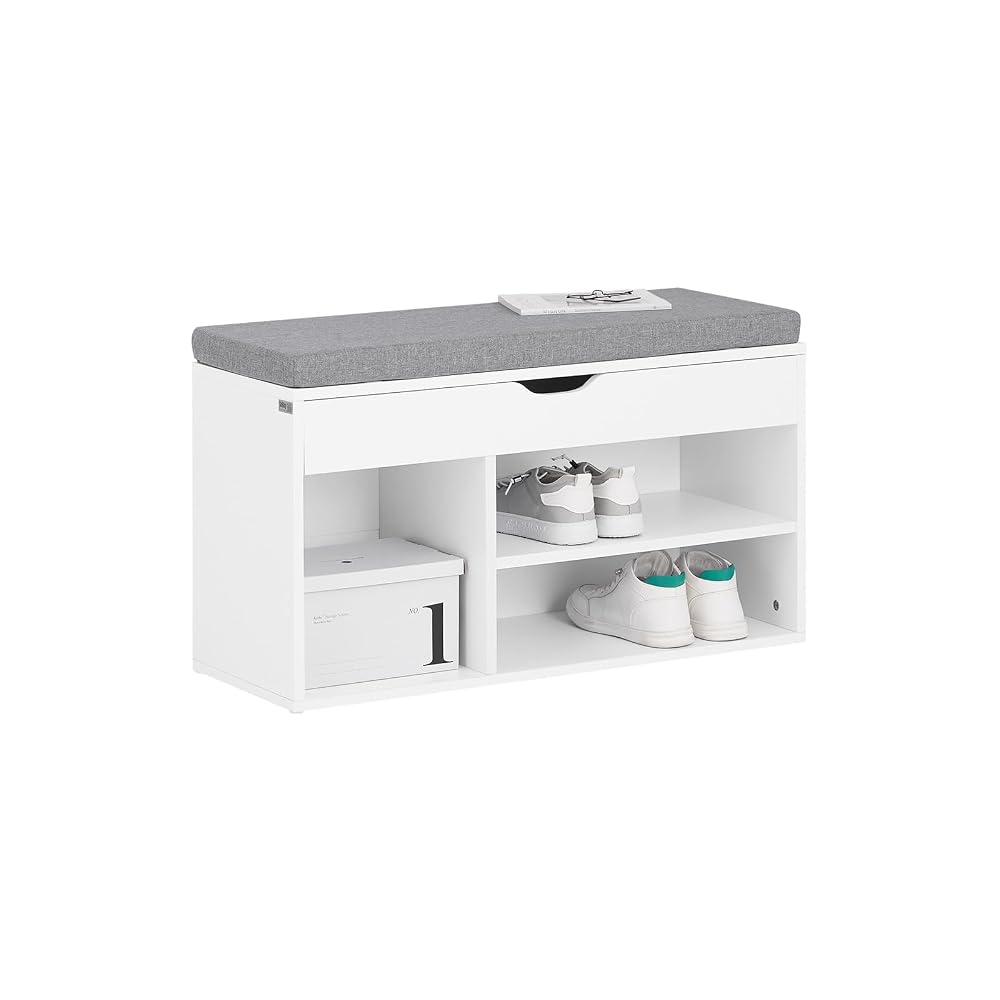 SoBuy Shoe Storage Bench with Padded Seat, Flip Top and 3 Open Compartments for Hallway Entryway, White