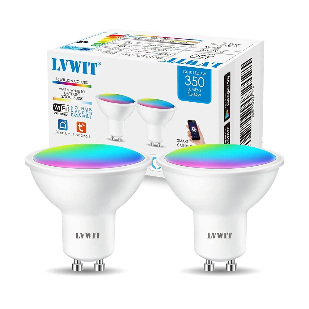 LVWIT GU10 Smart Bulbs, Alexa Light Bulb, RGB Colour WiFi Smart Light Bulbs, Dimmable Colour Changing (Pack of 2)