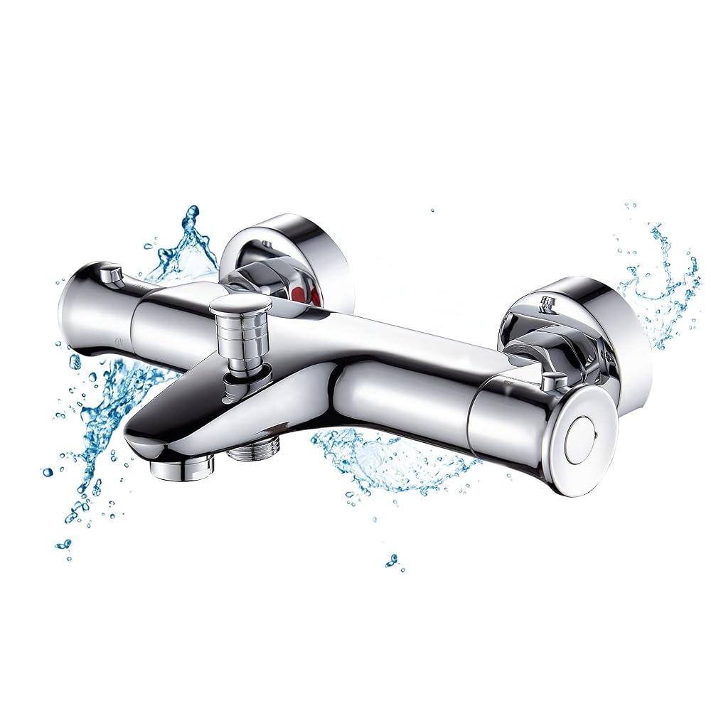 Solepearl Thermostatic Bath Shower Mixer Tap, Wall Mounted, 38°C Safety Button, Chrome