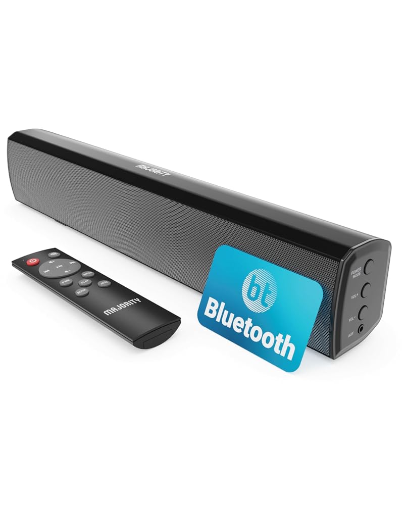 MAJORITY Bowfell Bluetooth Sound Bar for TV, 50W 2.0 Stereo Soundbar, Optical, RCA, USB, MP3 & AUX Input, Compact 39cm Design
