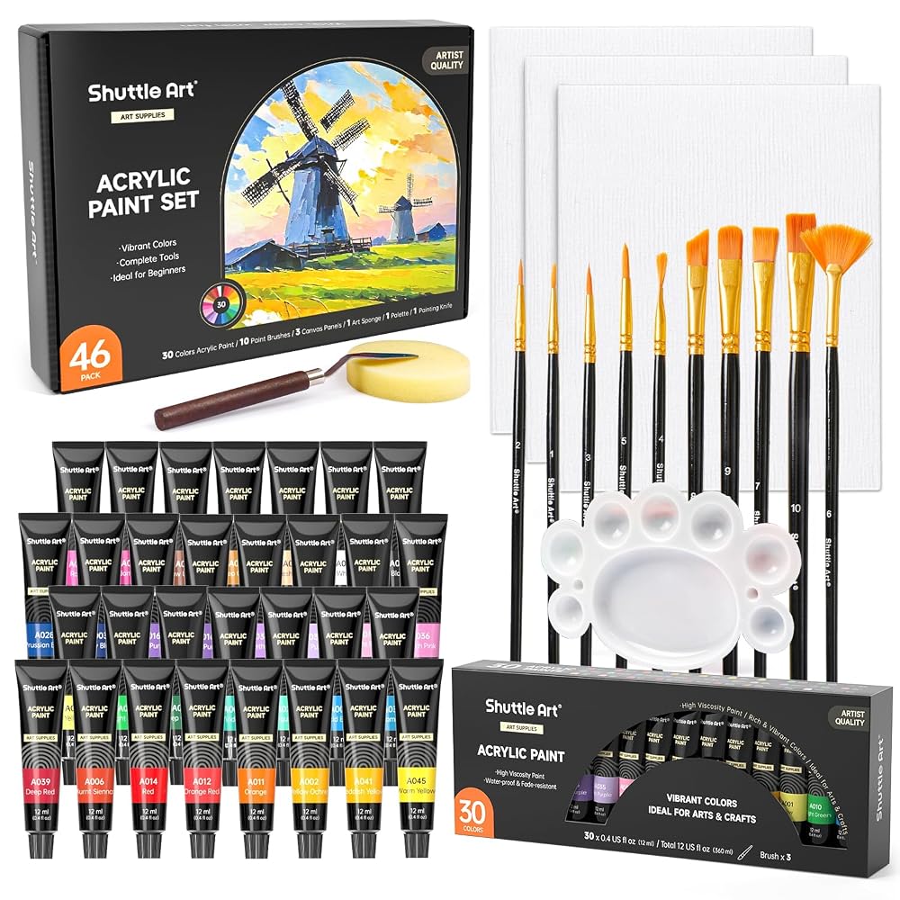 Shuttle Art 46 Pack Acrylic Paints Set, 30 Colours with 10 Brushes, 3 Blank Canvas, 1 Palette, 1 Sponge