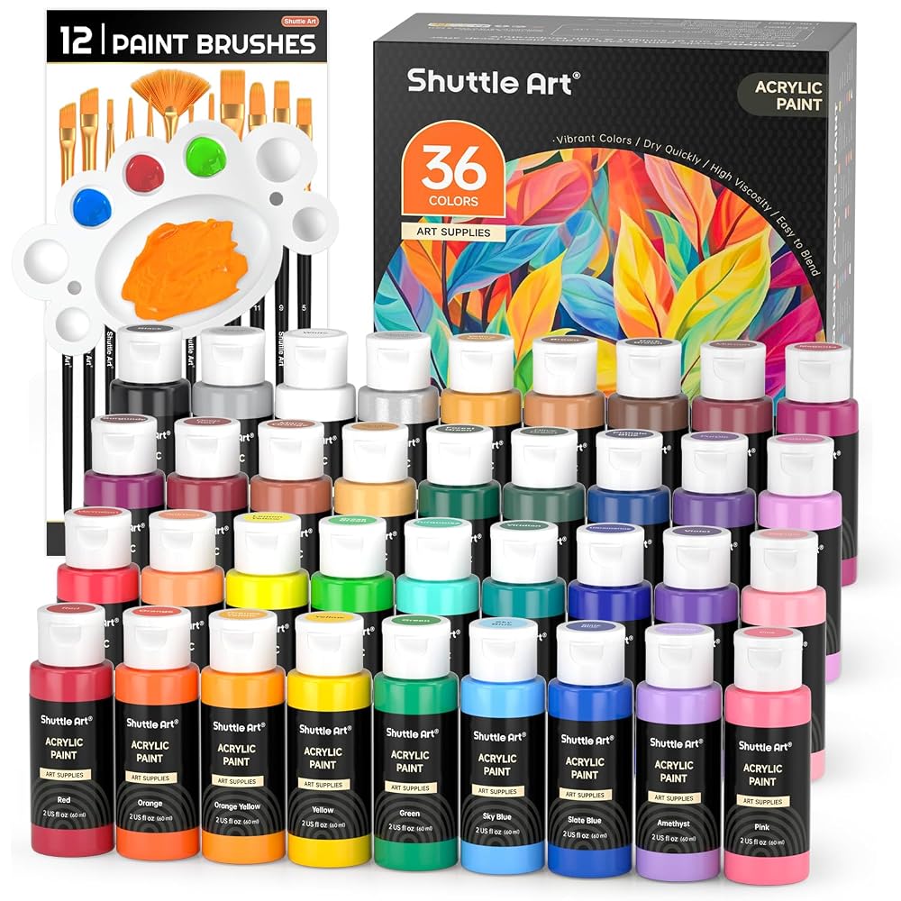 Shuttle Art Acrylic Paint Set, 36 Colours (60ml) with 12 Brushes & 1 Palette, Non-Toxic for Artists, Beginners and Kids on Canvas, Wood, Fabric, Ceramic