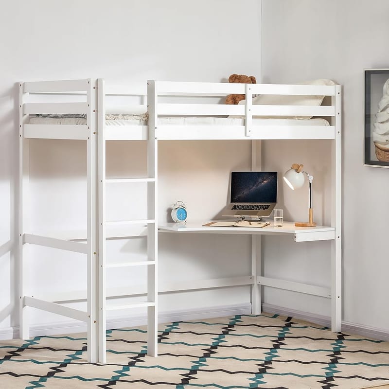 Vida Designs Sydney High Sleeper Bunk Bed, Solid Pine Wood Kids Loft Bed Frame With Desk, Perfect For Children, Single 3 Foot, White