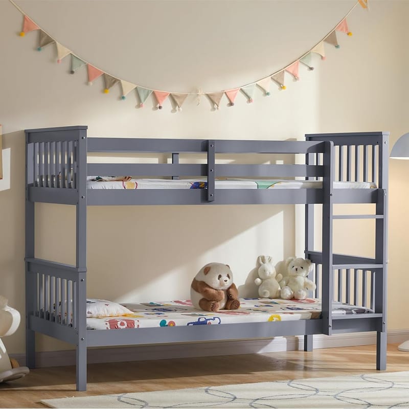 Vida Designs Milan Bunk Bed With Ladder, Kids Twin Sleeper, Solid Pine Wood Frame, Single 3 Foot, Grey