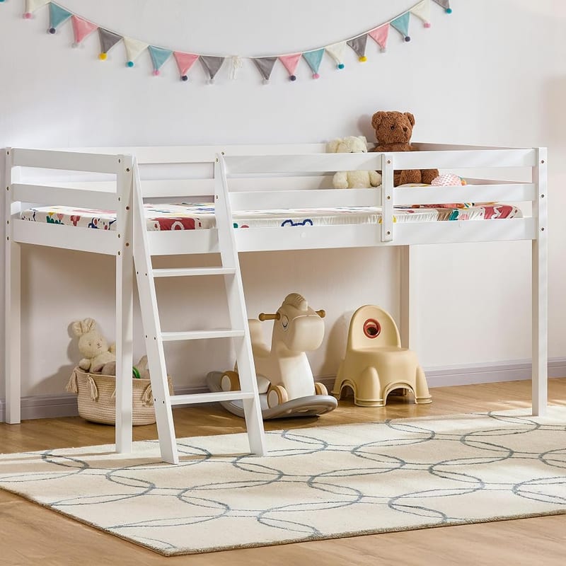 Vida Designs Sydney Single Bunk Bed, White, Solid Pine Wood, 3ft, Ladder, High Sleeper Design & Guard Rails, Space-Saving, Storage, Children Bedroom Furniture