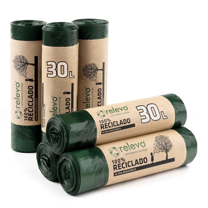 Relevo 30 Litre Bin Bags, Made from 100% Recycled Material, Green Bin Bags with Drawstrings, 90 Units