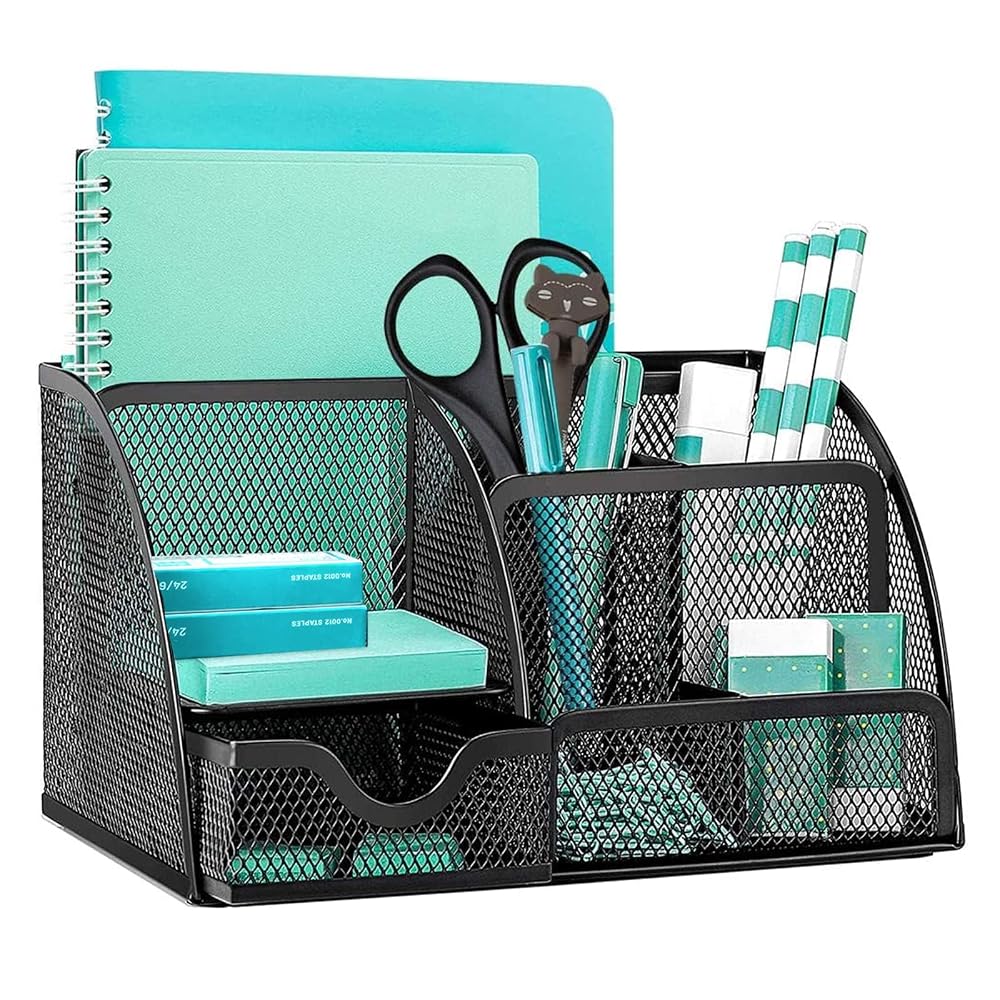 OKPOW Mesh Desk Organiser, Multi-Use Desk Tidy & Pen Holder with 6 Storage Sections and 1 Slide Drawer, Black