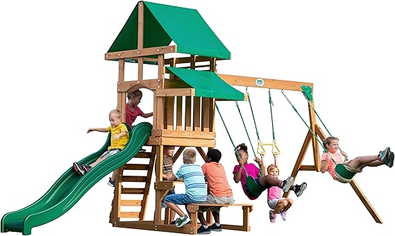 Backyard Discovery Belmont Cedar Swing Set | 2.4m Slide & Rock Wall | 100% Cedar Wood, 2.4m Wave Slide, Rock Wall Ladder, Trapeze Bar, 2 Belt Swings, Outdoor Kids Playground
