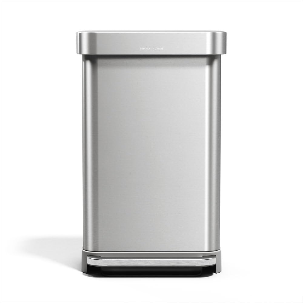 simplehuman CW2080 45L Rectangular Kitchen Pedal Bin with Liner Pocket, Silent Soft Close, Brushed Stainless Steel with Grey Plastic Lid