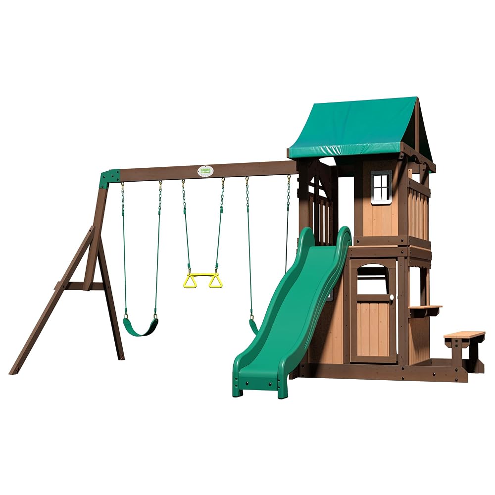 Backyard Discovery Lakewood Cedar Swing Set | 2.4m Slide & Lower Playhouse | 100% Cedar Wood, 2.4m Wave Slide, Lower Playhouse, Trapeze Bar, 2 Belt Swings, Outdoor Playground For Kids