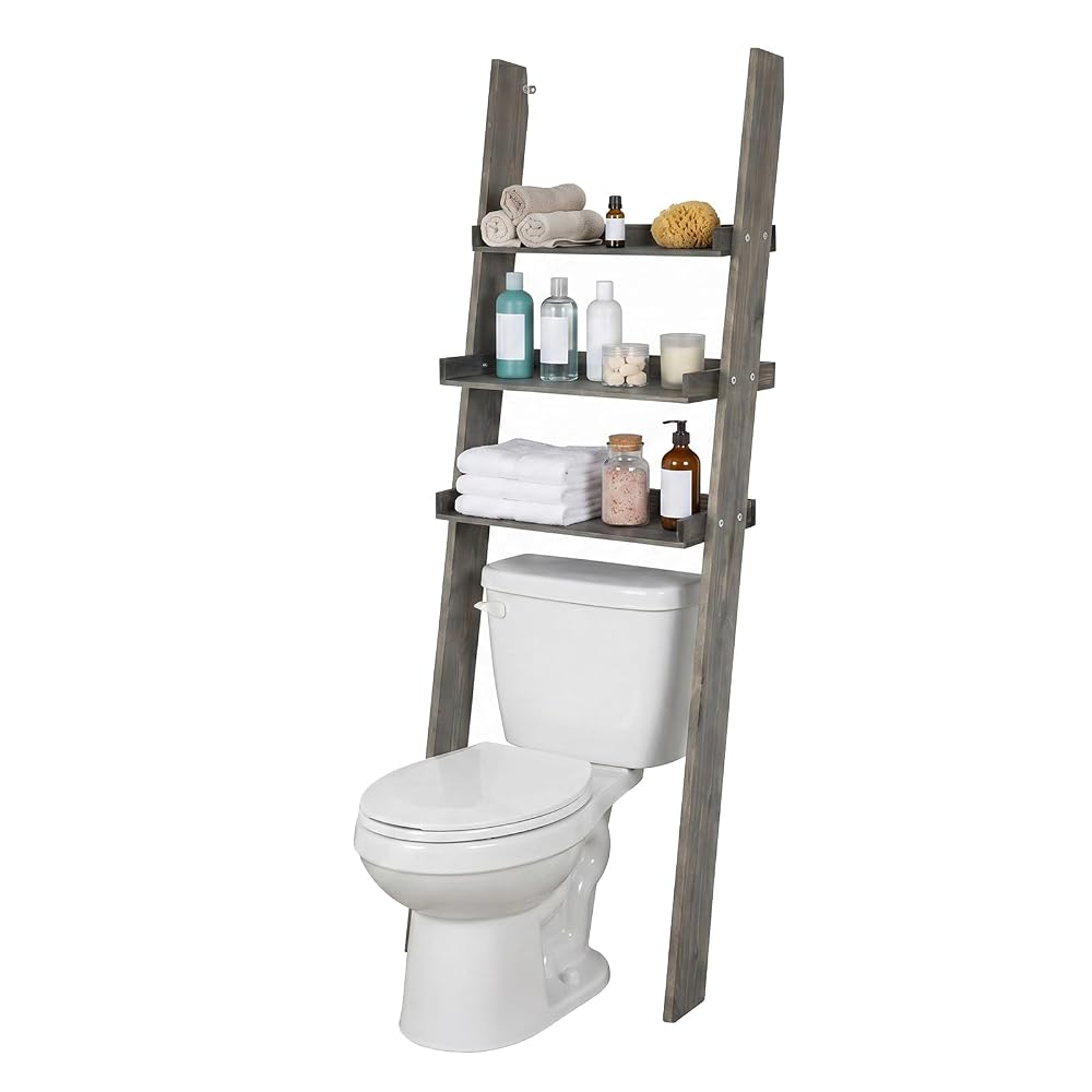 MyGift 3-Tier Grey Wood Over-The-Toilet Leaning Bathroom Ladder Shelf