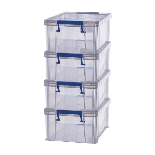 Bankers Box 4x 10L Plastic Storage Boxes with Lids. ProStore Super Strong Stackable Plastic Storage Boxes (14 x 34 x 21.5cm), Made in the UK, Clear