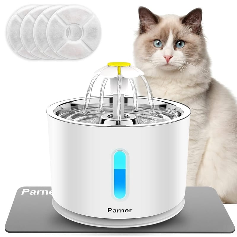 Cat Drinking Fountain, Water Dispenser for Cats with Water Level Window, Stainless Steel with 4 Hygiene Filters & Silicone Mat, LED Light