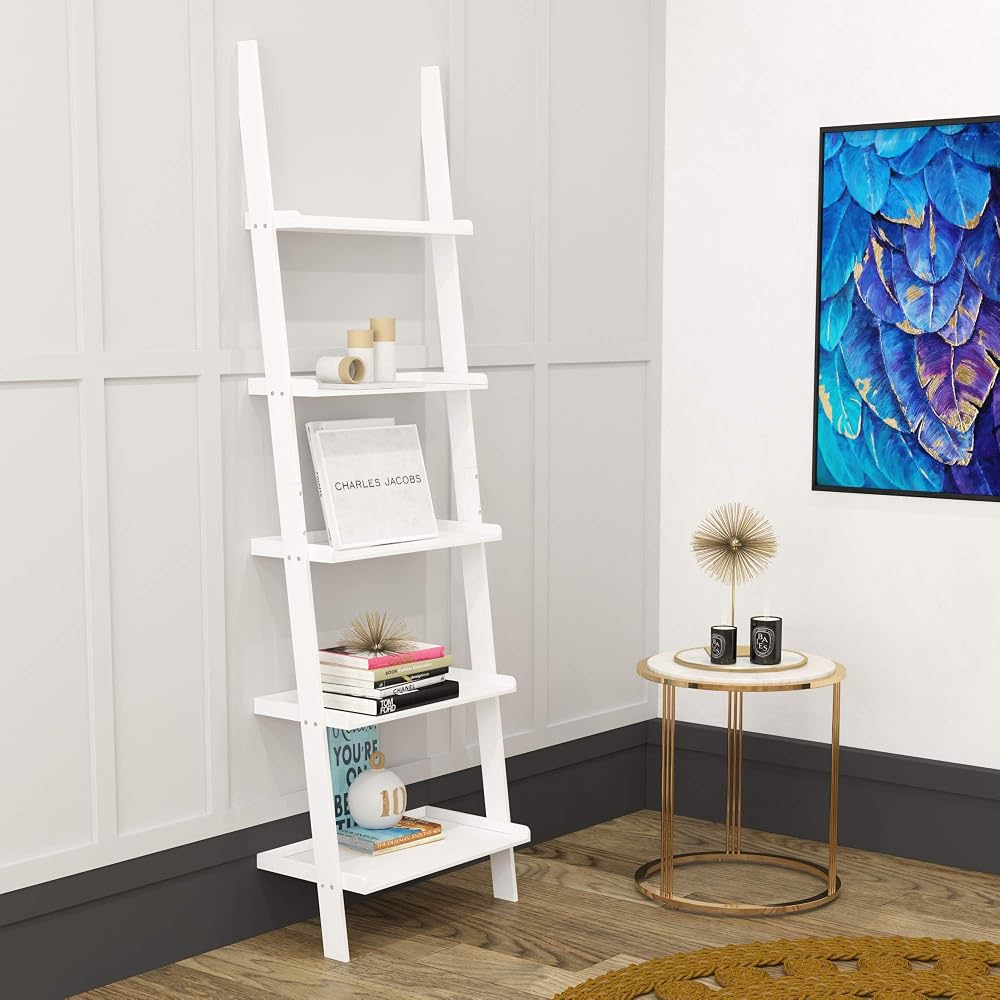 Charles Jacobs Ladder Shelf, 5 Tier Leaning Storage Bookcase Unit, White