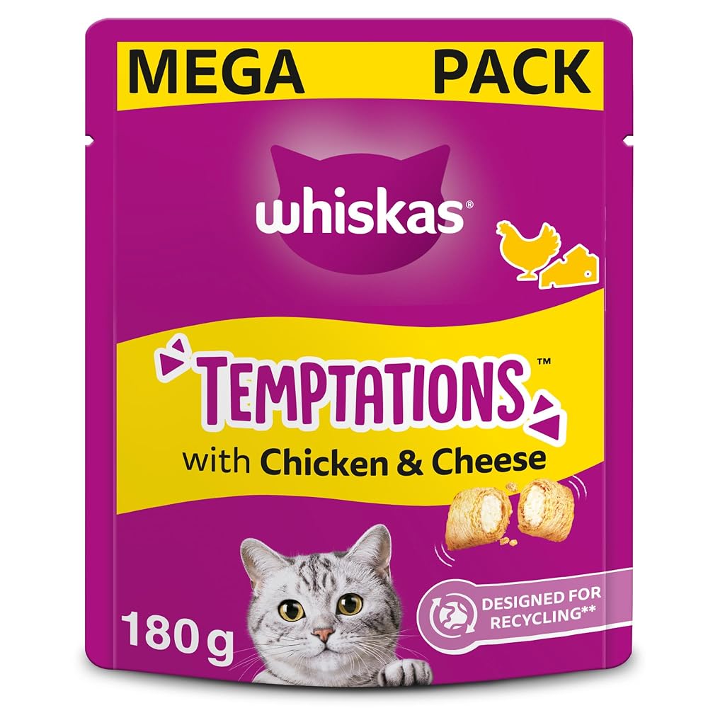 WHISKAS Temptations Tasty Crunchy Cat Treats, Chicken and Cheese Filling, 4 x 180g