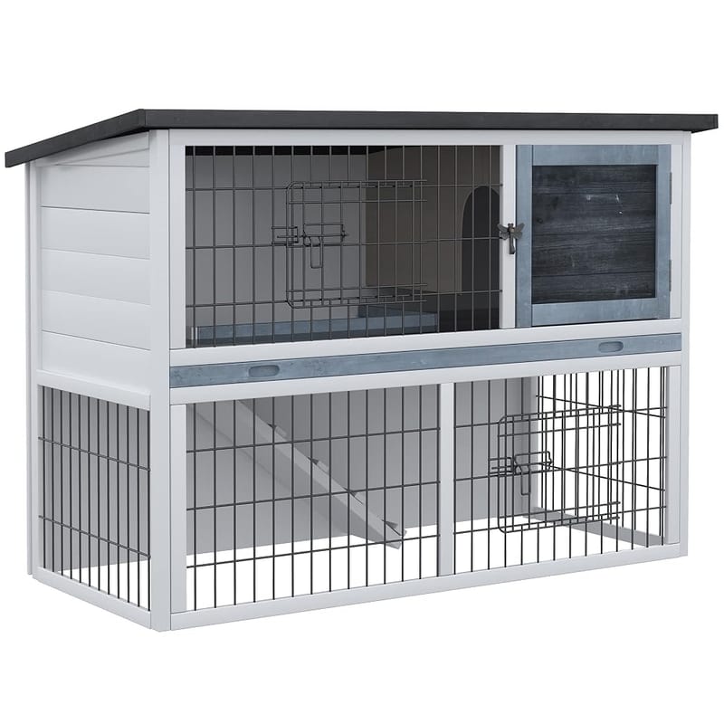 PawHut 2-Tier Wooden Rabbit Hutch Guinea Pig House with Openable Roof, Grey, 108 x 45 x 78cm