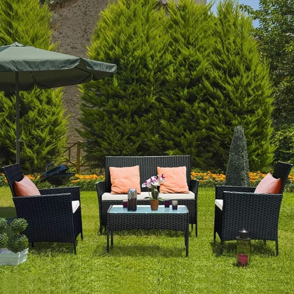bigzzia Rattan Garden Furniture Set, 4 Piece Patio Set with 2 Armchairs, Double Seat Sofa and Table (Black)