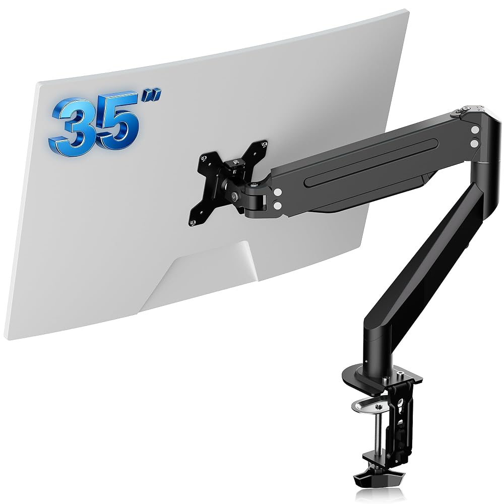 Suptek Single Monitor Arm Gas Spring, Monitor Arm Desk Mount for 17-35 inch Monitors up to 11kg, Tool Free Height Adjustable Screen Arm with Tilt Swivel Rotation, VESA 75/100mm, C-clamp/Grommet Option