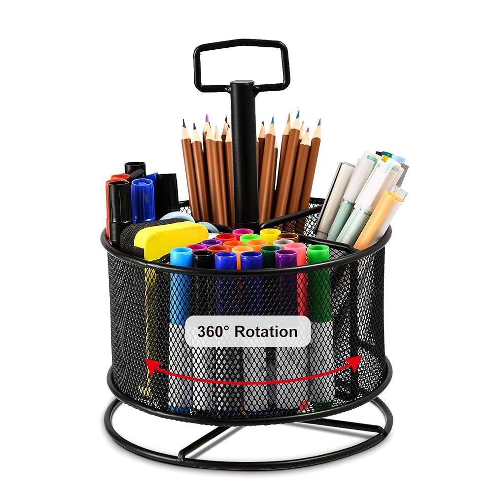 Marbrasse Mesh Desk Organiser, 360-Degree Rotating Multi-Functional Pen Holder, 4 Compartments Desktop Stationary Organiser, Home Office Art Supply Storage Box Caddy Rack, Black