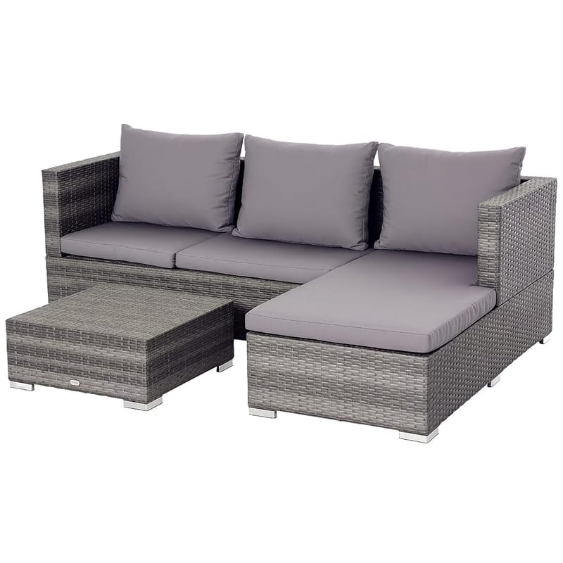 Outsunny 3 Pieces Rattan Garden Furniture Sofa Set, 4 Seater PE Rattan Wicker Sofa with Storage Box, Cushions and Coffee Table