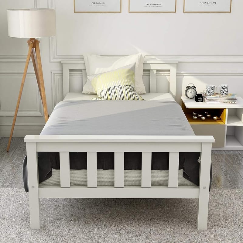 Flieks Single Bed In White 3ft Solid Wooden Frame Bed Frame for Adult Kids Children Teenagers (198 x 98)