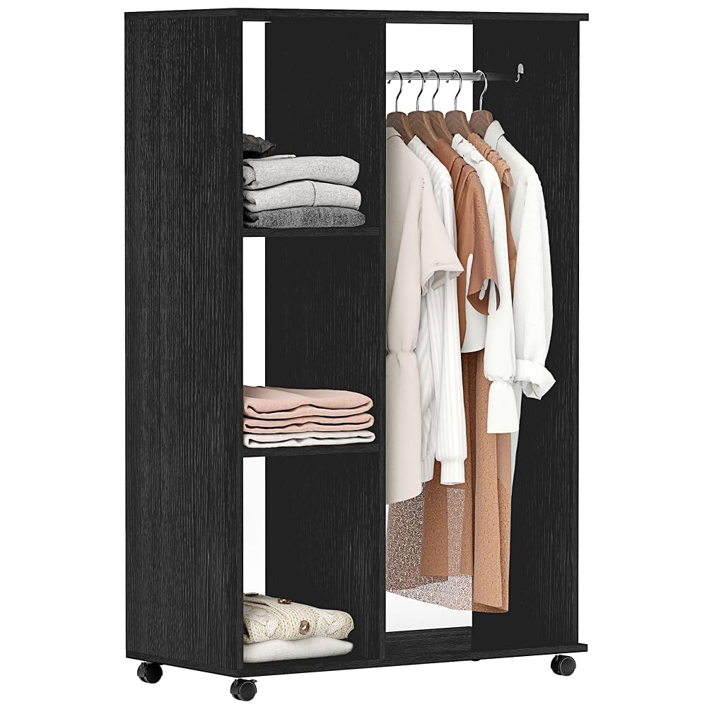 HOMCOM Open Wardrobe on Wheels with Clothes Rail, Bedroom Clothes Storage with Hanging Rod, 3 Storage Shelves, Black