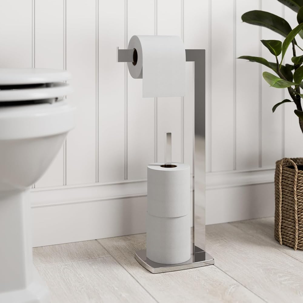 ARCHITECKT Freestanding Toilet Roll Holder, Stainless Steel Bathroom Stand, Square Chrome