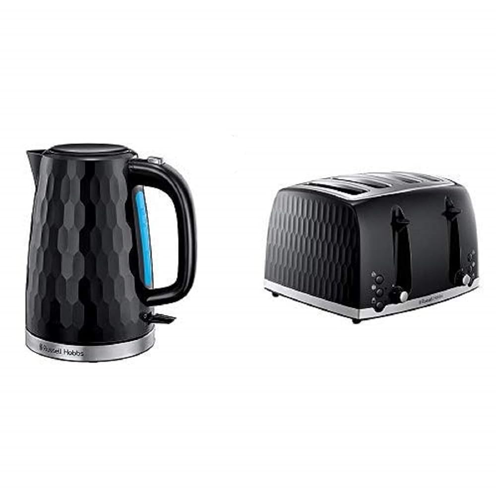 Russell Hobbs Honeycomb Kettle and 4 Slice Toaster Set, Rapid Boil, Black