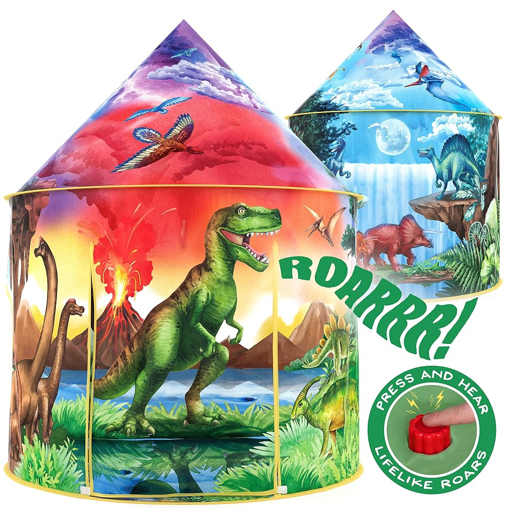 W&O Dino Discovery Play Tent with Roar Button - Pop Up Tent for Boys & Girls, Indoor Outdoor Adventures
