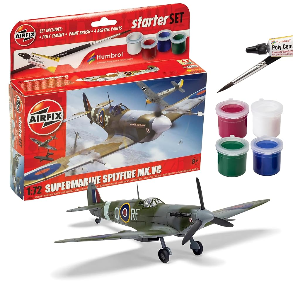 Airfix Starter Set A55001 Supermarine Spitfire MkVc Model Building Kit, with Paints, Brush & Glue