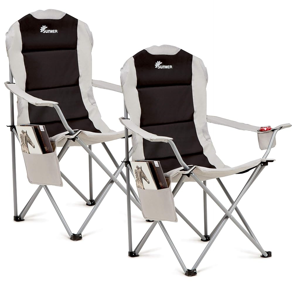 SUNMER Padded Camping Chairs - Set of 2 Deluxe Folding Chairs with Cup Holder and Side Pockets