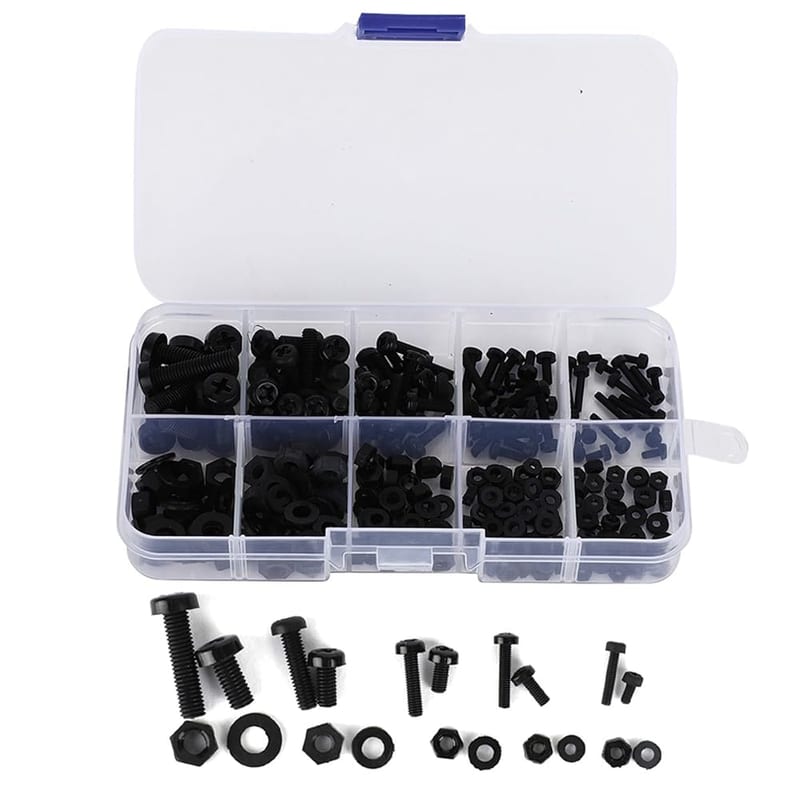 270pcs Black Nylon Screw Nut Washer Assortment Kit - Metric Fasteners Set M2 M2.5 M3 M4 M5 for DIY Repairs