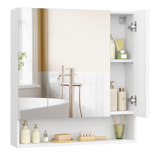 VASAGLE Bathroom Wall Cabinet with Mirror, 3 Doors, Adjustable Shelves, White