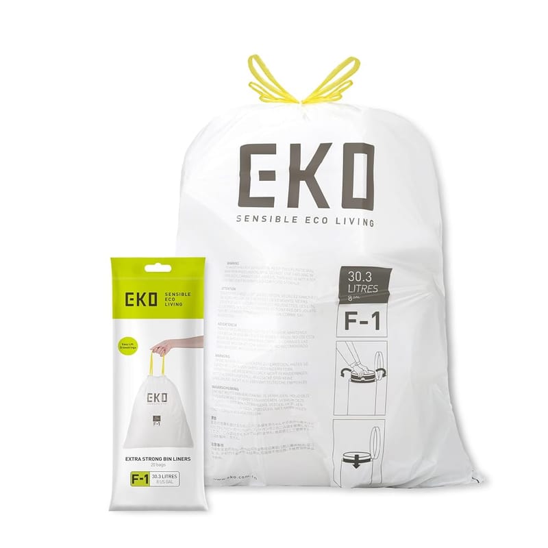 EKO 18-30 Litre Drawstring Bin Bags, Heavy Duty Kitchen Bin Liners for Multi Compartment Bins, Leakproof and Tear-Resistant, 20 Count, White