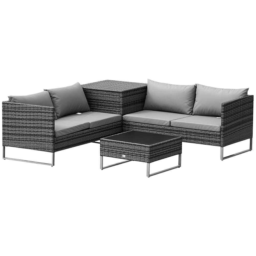 Outsunny 4 Seater Rattan Corner Sofa Set with Loveseats, Tables & Cushions