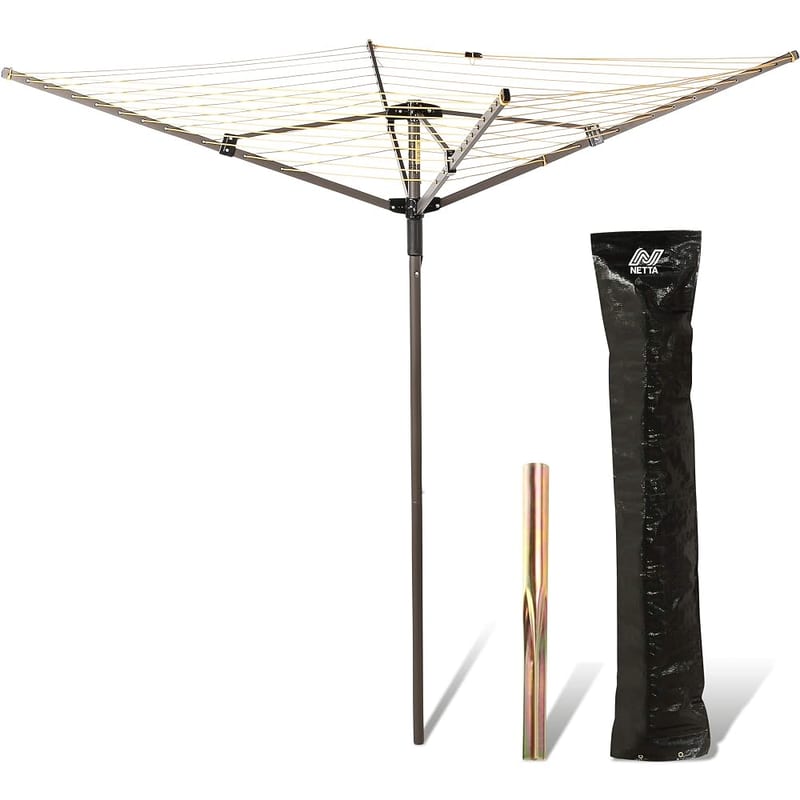 NETTA Rotary Washing Line 4 Arm 45M, Heavy Duty Outdoor Clothes Dryer with Cover & Ground Spike, Easy-Open Whirligig Washing Line, Large Capacity Garden Laundry Rotary Airer, Yellow