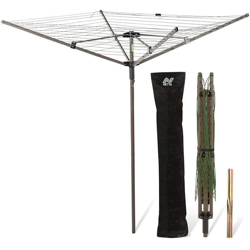 NETTA Rotary Washing Line 4 Arm 45M - Heavy Duty Outdoor Clothes Dryer with Cover & Ground Spike - Easy-Open Whirligig Washing Line, Green