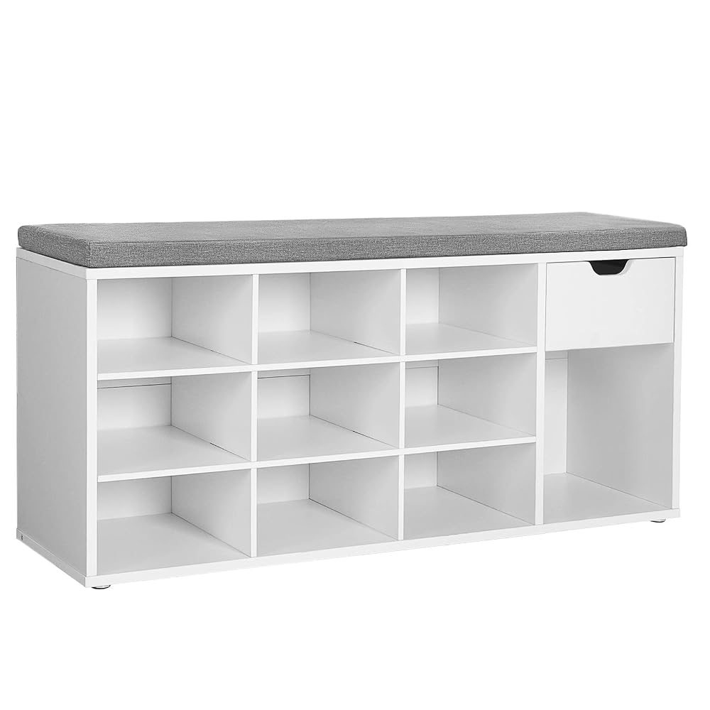 VASAGLE Shoe Storage Bench, Hallway Bench with Cushion, Drawer and Open Compartments