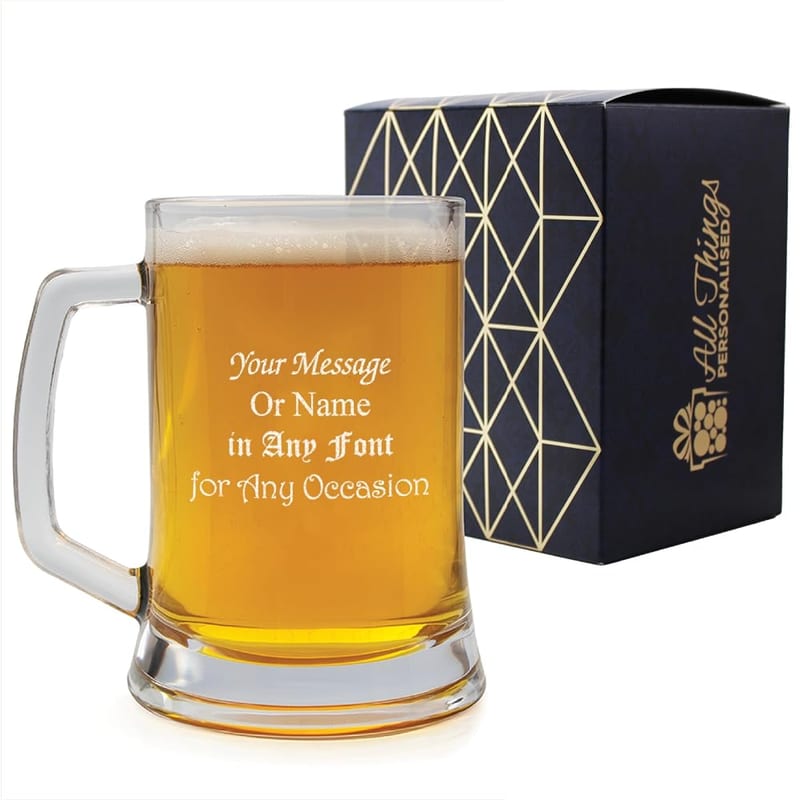 Personalised Engraved Glass Beer Stein, Any Message for Any Occasion, Laser Engraved, Gift Box Included