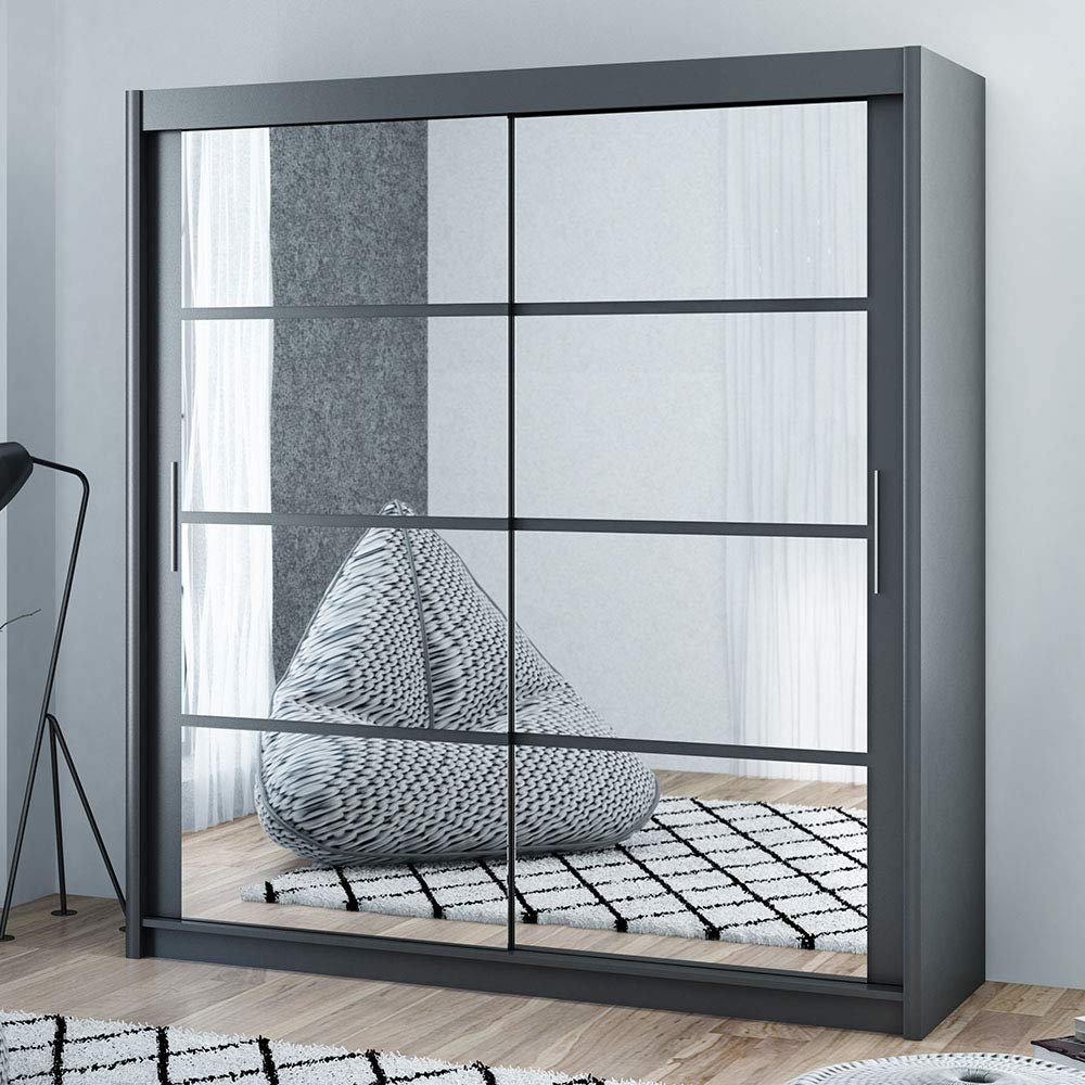 Sliding Mirrored 2 Door Wardrobe, DAKOTA, Grey, W160/H215/D61cm