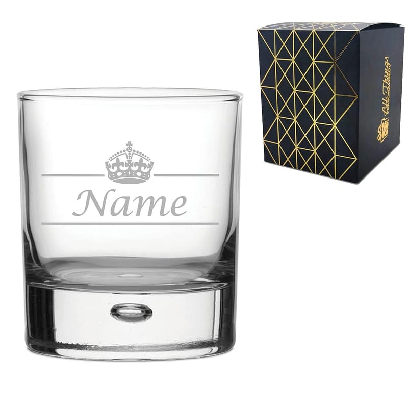 Personalised Engraved Novelty Whiskey Glass with Name with Crown Design, Comes with Gift Box, Perfect for Any Occasion, Engraved in The UK, Holds Up to 330ml/11.5oz