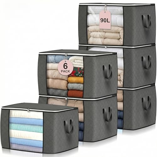 Budding Joy 90L Storage Bags, Large Clothes Storage Boxes with Zips Grey
