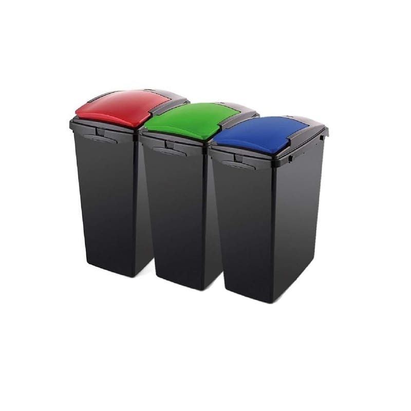 Addis 3 x 40L Recycling Bins RGB | Triple Colour Coded Lid Kitchen Bin Set | Interlocking 40L Recycling Bins with Colour Coded Lids for Easy Waste Separation