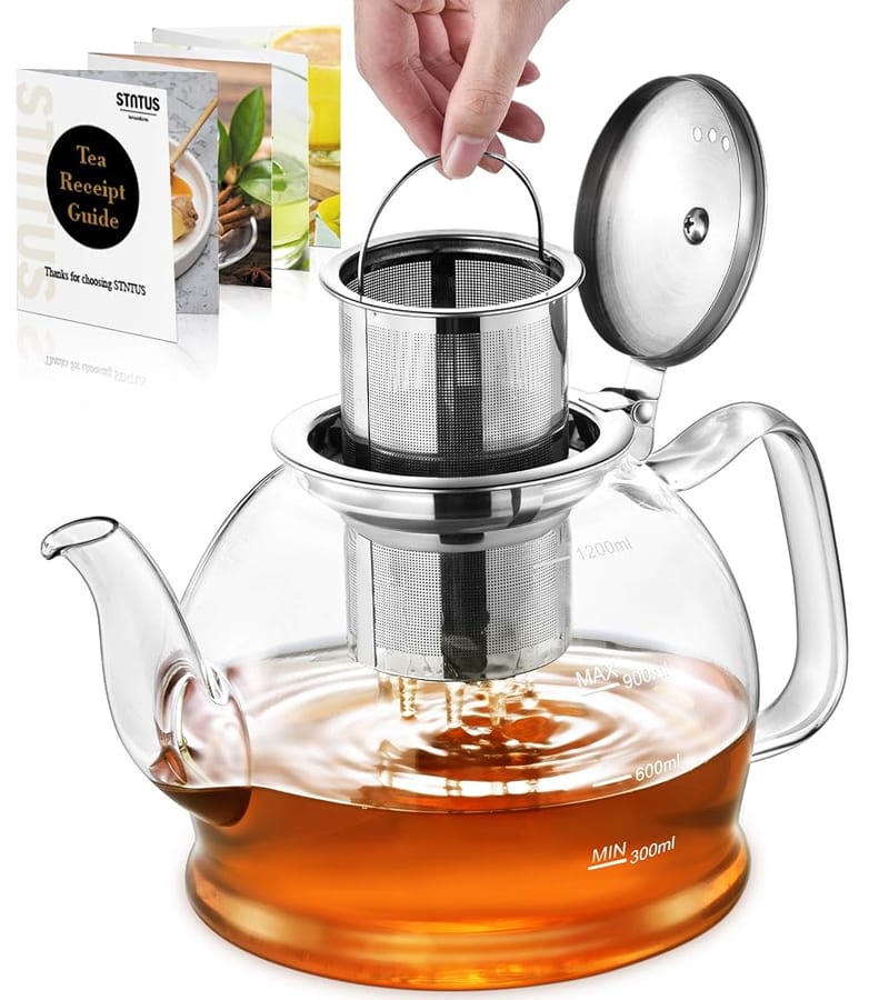 STNTUS Glass Teapot with Infuser, 1200ml, Borosilicate Glass, Stovetop Safe with Stainless Steel Strainer