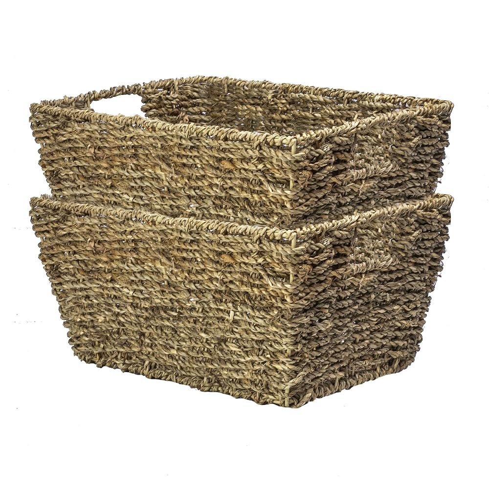 Maison & White Seagrass Storage Baskets Set of 2, Hand Woven Rectangular Hampers with Handles, Natural